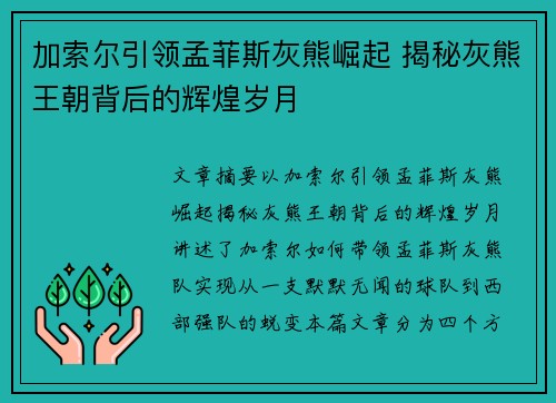 加索尔引领孟菲斯灰熊崛起 揭秘灰熊王朝背后的辉煌岁月